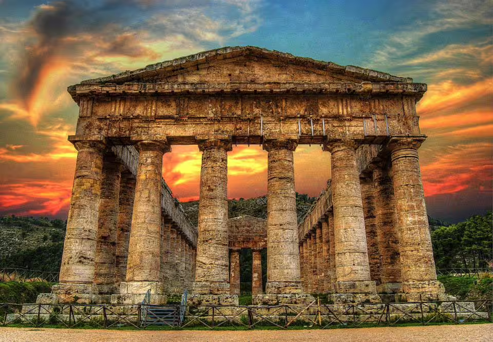 Ancient Doric Temple of Segesta at sunset on a private historical and cultural tour from Palermo to western Sicily