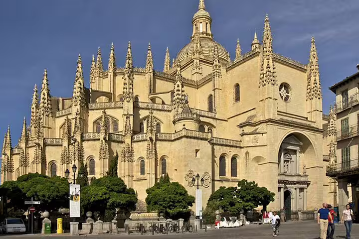 Segovia Cathedral facade on a private Segovia minivan tour from Madrid, Gothic landmark in Plaza Mayor