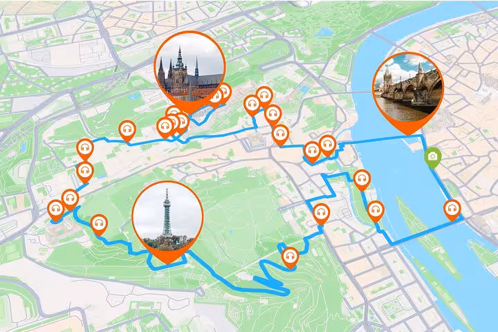 Self-guided audio tour map with GPS route markers and landmark photos for city walking tour