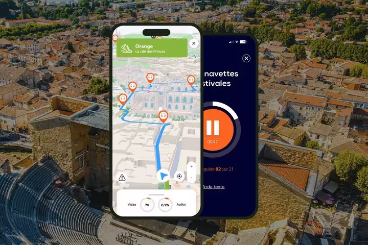 Self-guided walking tour app showing interactive map and audio guide of Orange, France