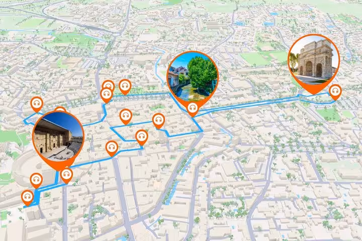 Interactive map of self-guided walking tour in Orange with audio stops and landmarks highlighted