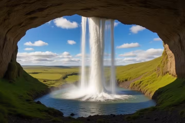 View from behind Seljalandsfoss waterfall in Iceland with green fields and blue sky