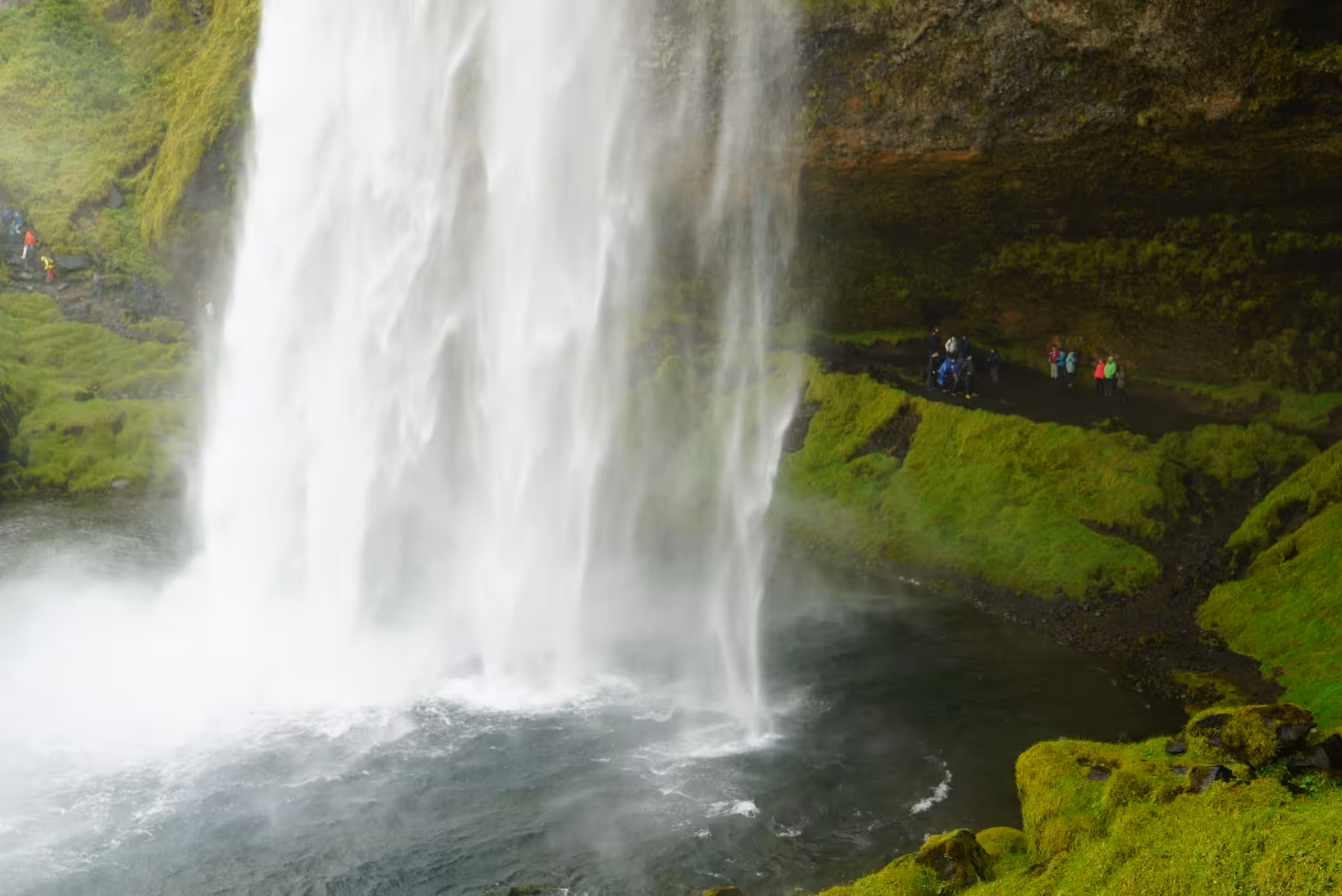 Tourists walking behind Seljalandsfoss waterfall on Iceland's South Coast, surrounded by lush green moss