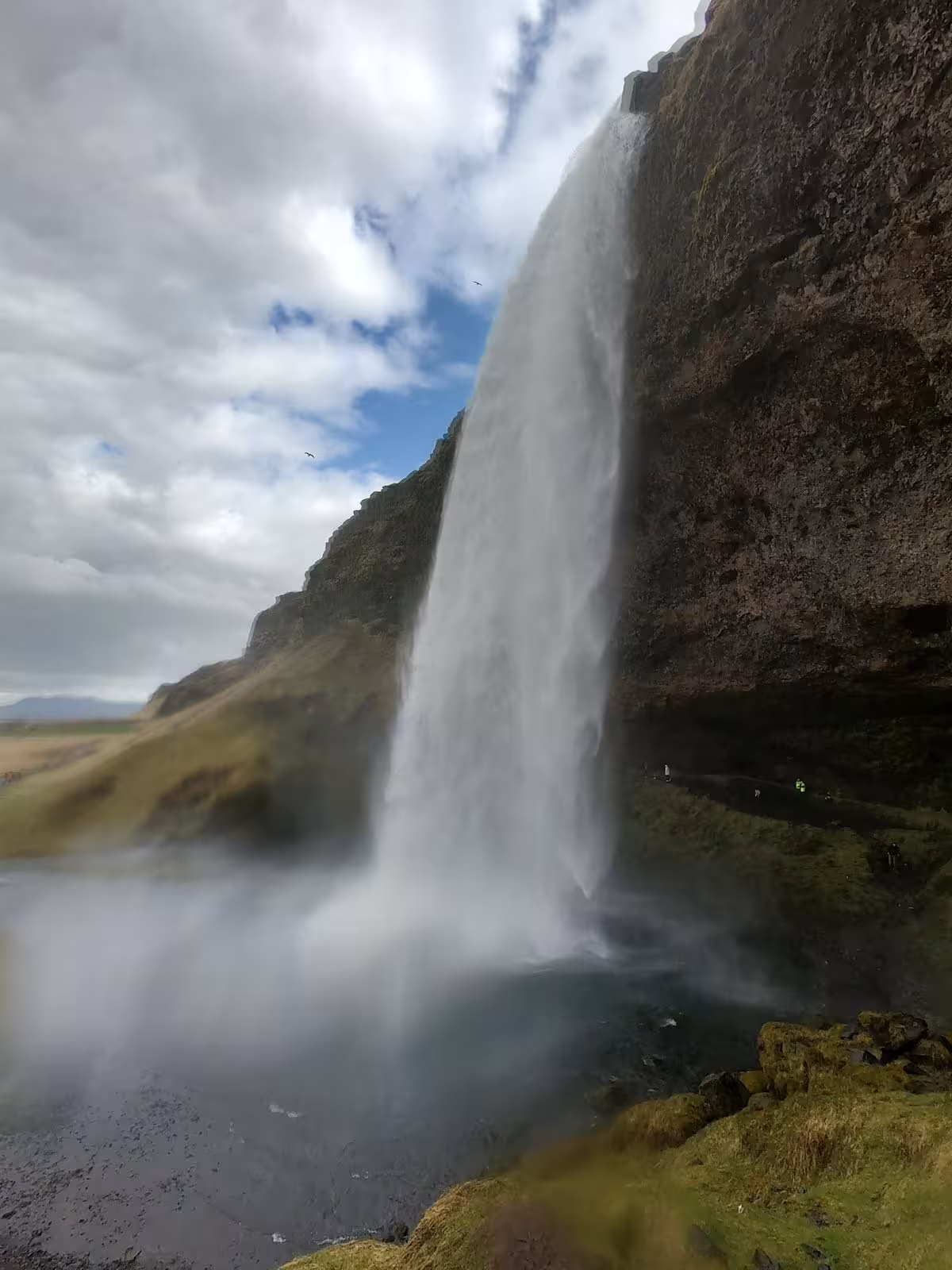 Close-up view behind Seljalandsfoss waterfall cascading powerfully on a South Coast Iceland private day trip from Reykjavik