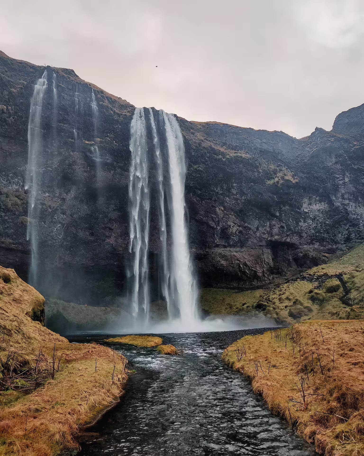 Seljalandsfoss waterfall cascading down volcanic cliffs into a stream on Iceland's South Coast