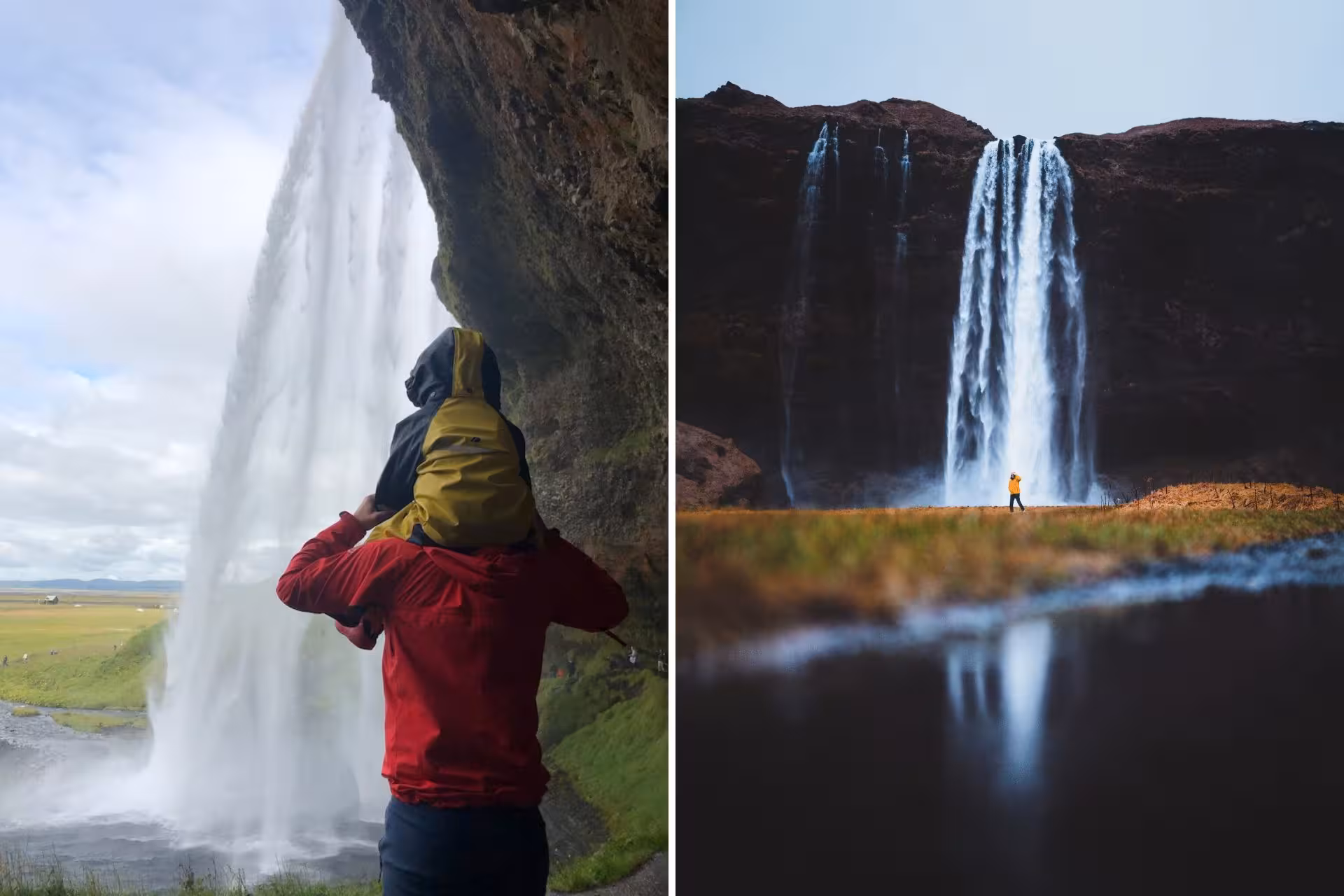 Person in red jacket behind Seljalandsfoss waterfall, Iceland, with wide view of cascading falls and reflective pool