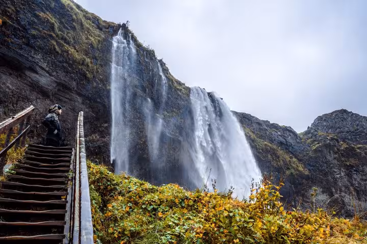 Hiker climbing wooden stairs beside Seljalandsfoss waterfall on Iceland's South Coast in autumn