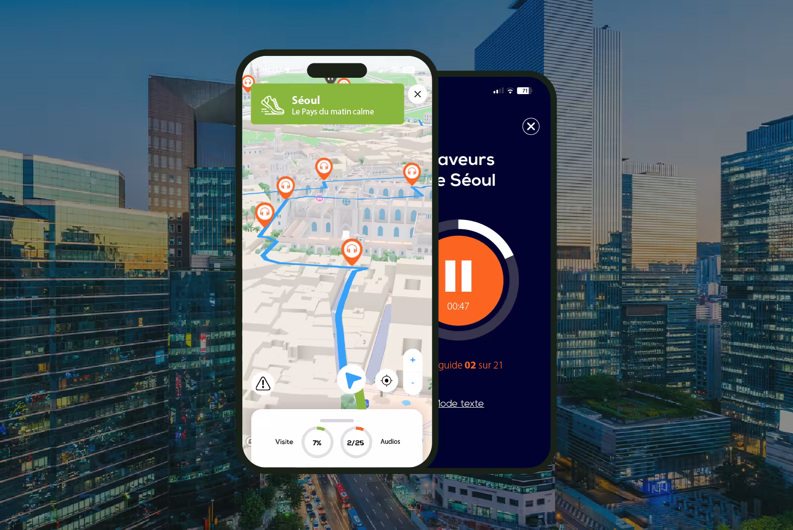 Seoul self-guided walking tour app showing 3D map with audio guide markers and playback screen