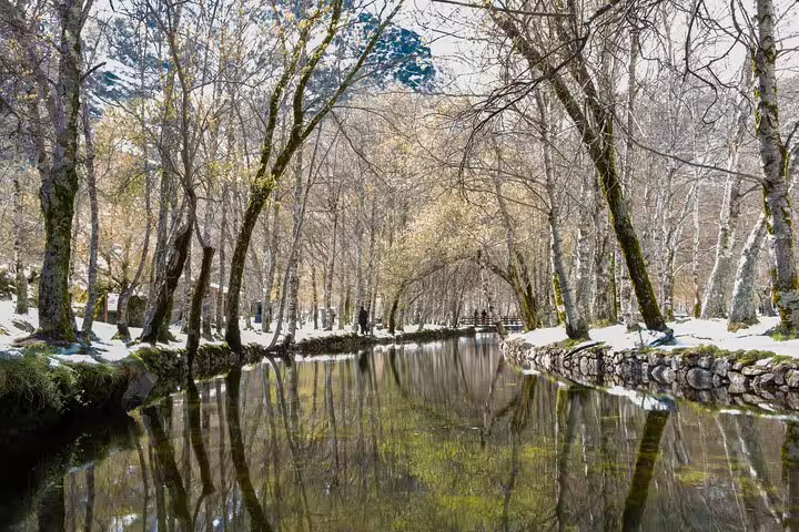 Serene winter landscape of Serra da Estrela with a tranquil river reflecting bare trees and snow-covered banks.