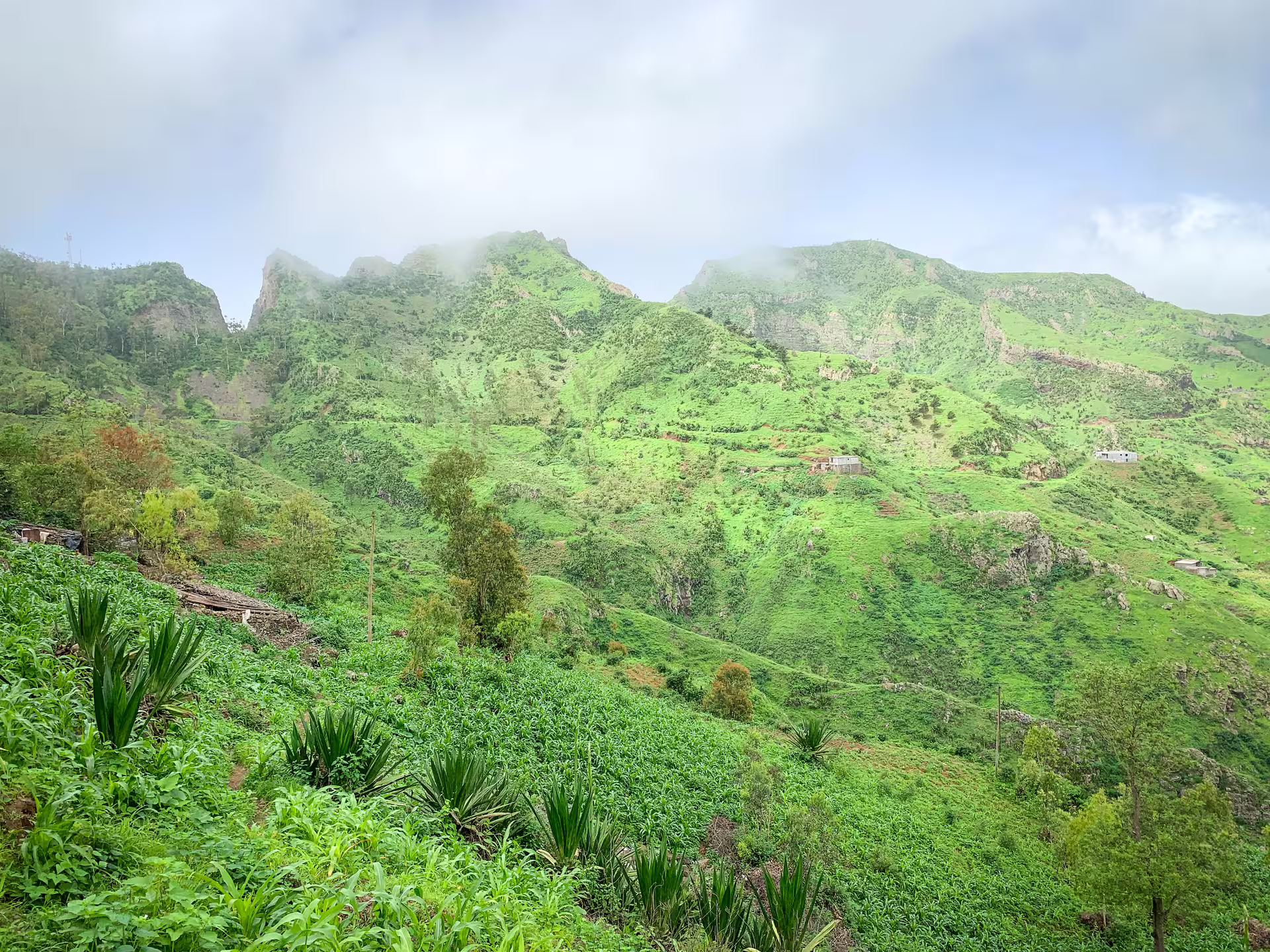 Lush green mountains of Serra Malagueta, Cape Verde, under a cloudy sky, ideal for hiking adventures.