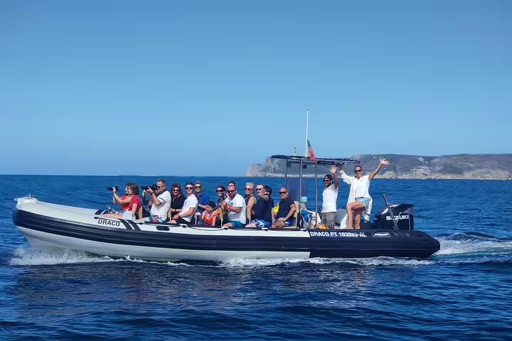 Group enjoying a dolphin watching boat tour in Sesimbra, Portugal, on a sunny day, capturing scenic ocean views.