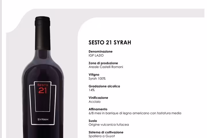 Sesto 21 Syrah wine bottle with detailed production notes, ideal for wine education in Rome's mini sommelier course.