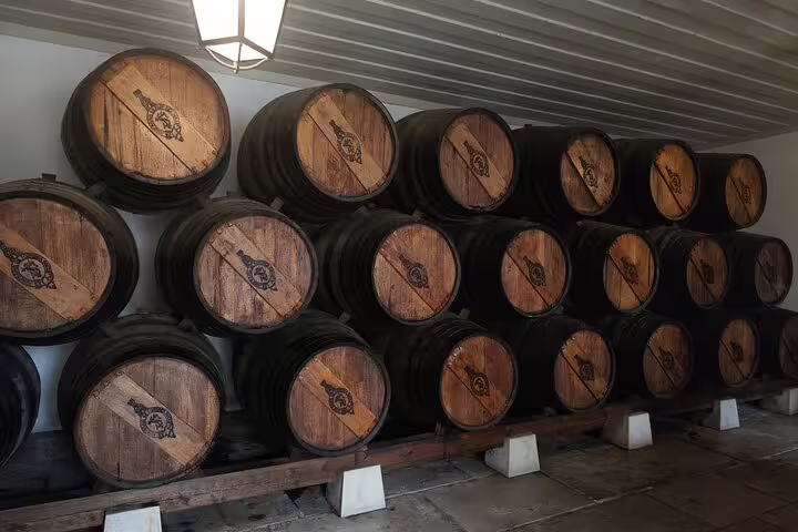 A cellar with stacked wooden barrels aging Setúbal Moscatel wine, capturing the essence of Portuguese winemaking.