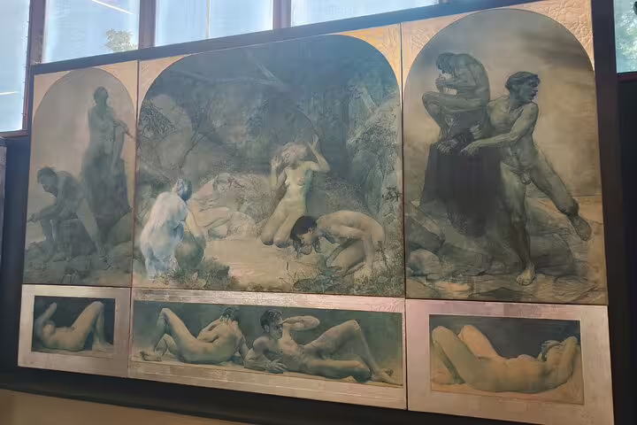 A detailed mural painting with classical figures, illustrating cultural enrichment on a Setúbal Moscatel wine tour.