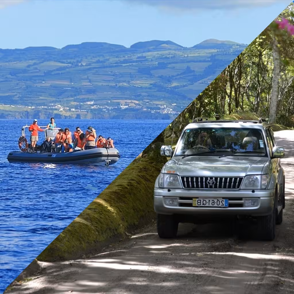 Small group enjoying a scenic boat ride off São Miguel with green Sete Cidades cliffs in view on a half-day Azores tour