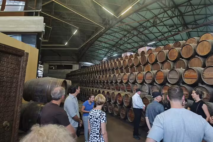 Tourists exploring a cellar filled with oak barrels during a Setúbal Moscatel wine tour, highlighting local winemaking.