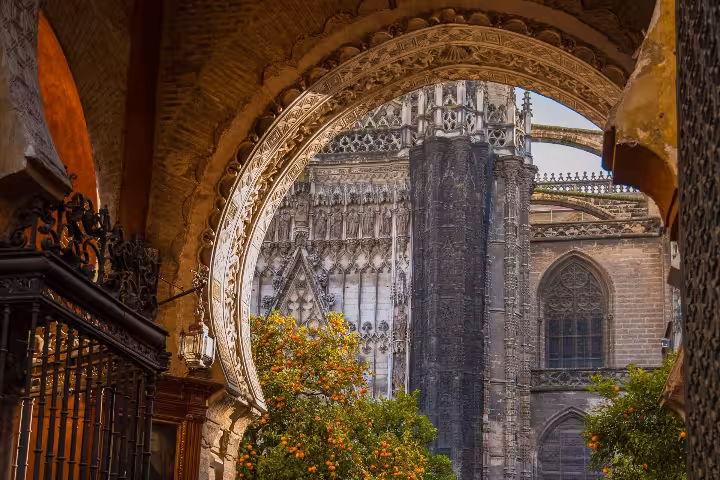 Ornate archway view of Seville Cathedral with orange trees, showcasing the rich history on a guided interior tour.