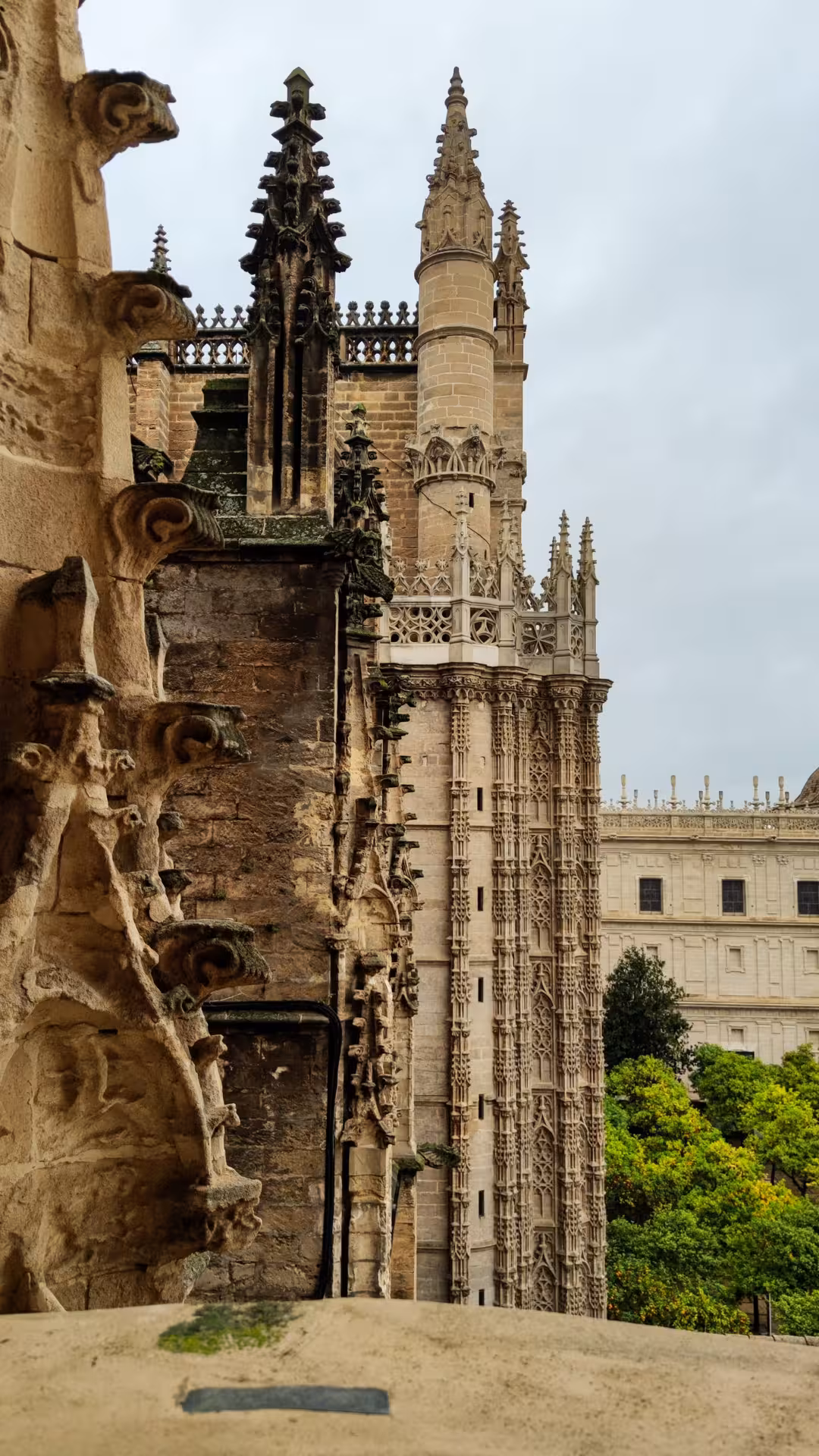 Detailed view of the intricate Gothic architecture of Seville Cathedral, showcasing its ornate stonework and spires.