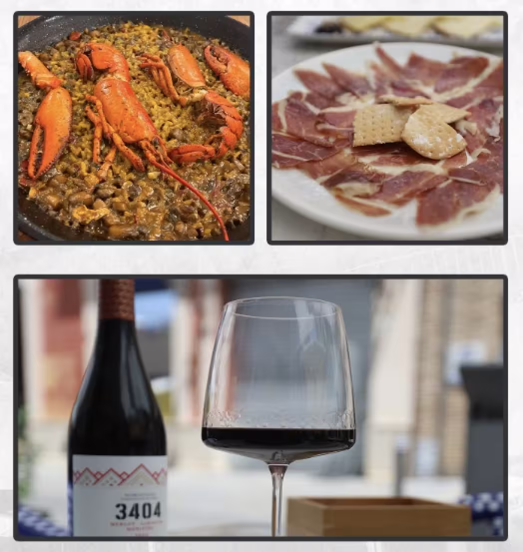 Indulge in a private food tour of Seville featuring exquisite lobster paella, Iberian ham with crackers, and a glass of fine red wine.