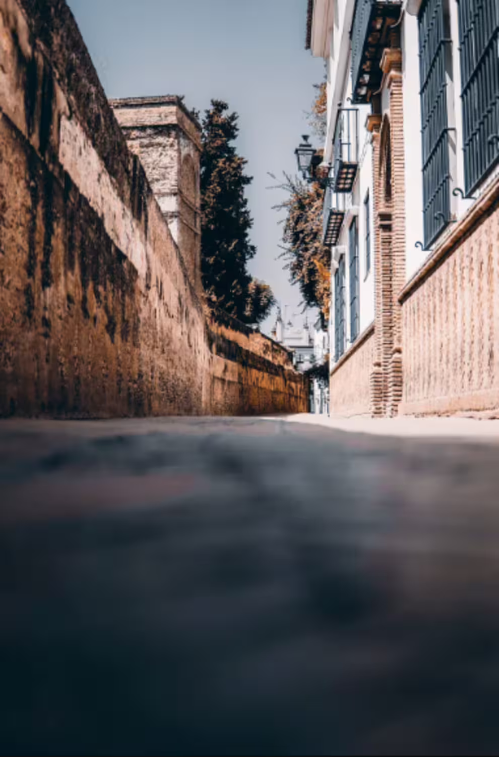 Narrow cobblestone alleyway lined with historic walls in Seville's enchanting Santa Cruz neighborhood.