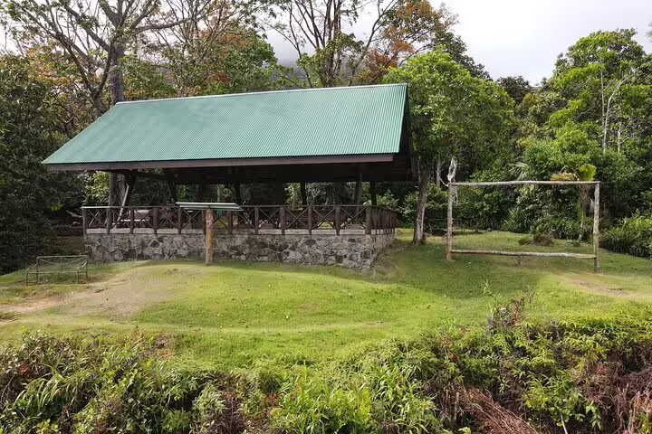 Charming pavilion surrounded by lush greenery in Seychelles, offering a tranquil spot for relaxation during a private tour.