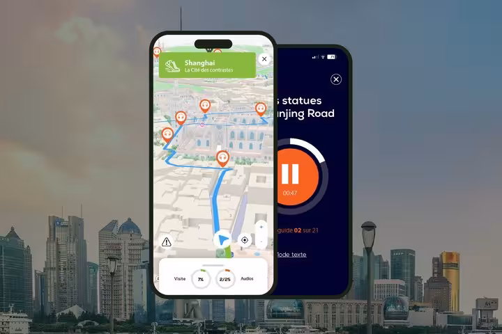 Shanghai self-guided walking tour app showing 3D map with audio stops and playback screen