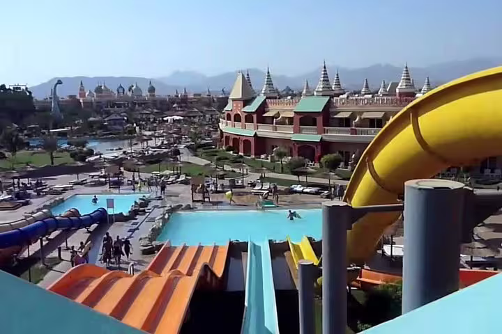 Panoramic view of Sharm El Sheikh aqua park pools and multi-lane slides, full-day waterpark adventure