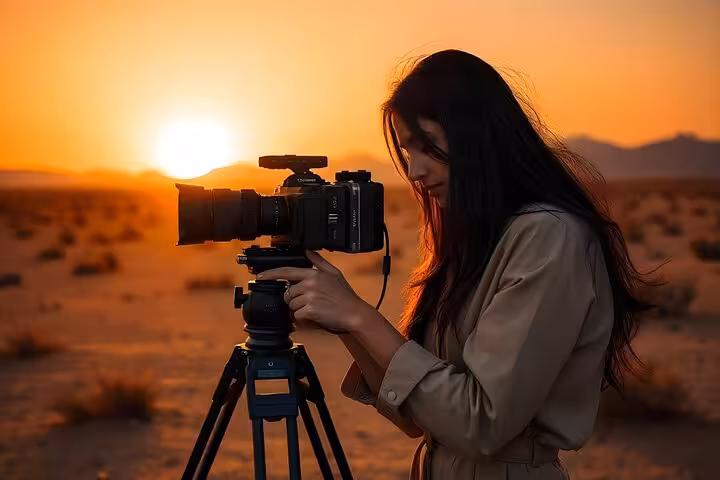 Traveler filming Sinai Desert sunset in Sharm El-Sheikh on camel ride, BBQ dinner and stargazing tour
