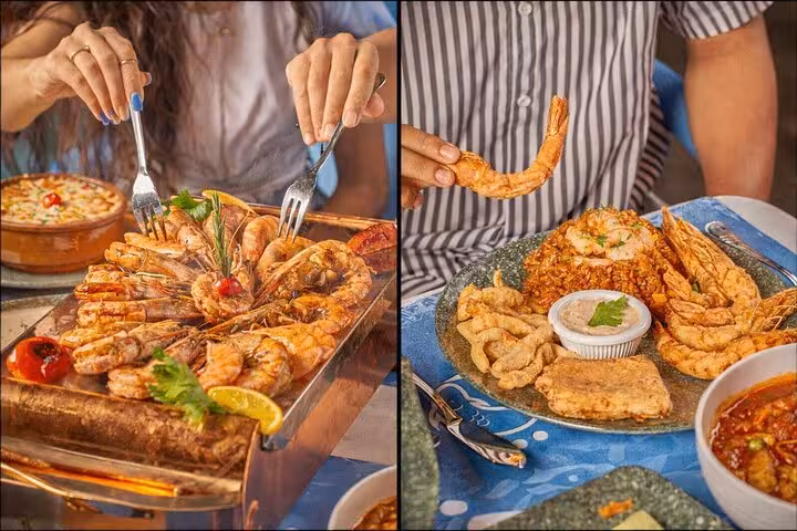 Seafood meal option in Sharm El-Sheikh city tour featuring grilled shrimp platter and Egyptian rice dishes