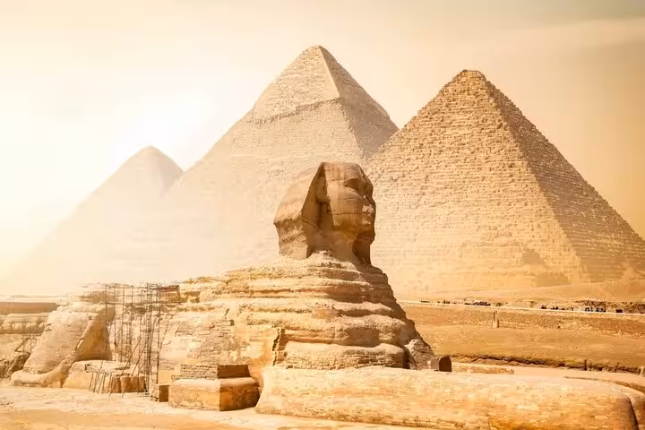 Great Sphinx with the Giza Pyramids, key sight on fly from Sharm El Sheikh to Grand Egyptian Museum tour