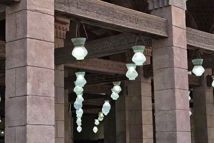 Hanging lanterns and carved stone beams in Old Market mosque, Sharm El-Sheikh private tour stop