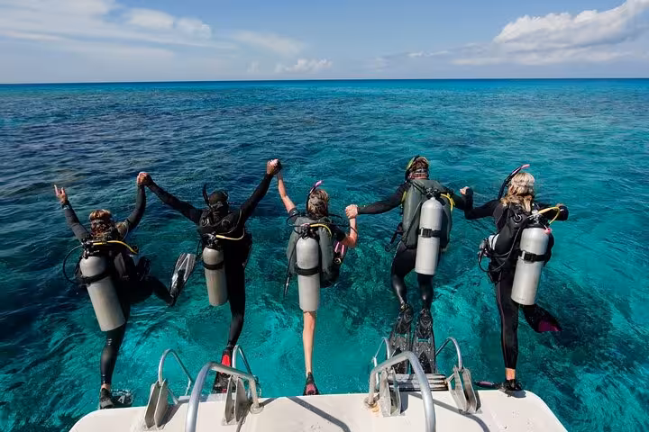 Divers back-roll into the Red Sea on a Sharm El-Sheikh boat trip to Ras Mohammed and White Island
