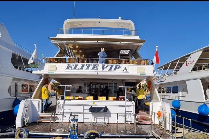 Elite VIP cruise yacht docked in Sharm El Sheikh marina for Ras Mohammed and White Island day trip