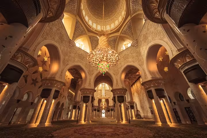Sheikh Zayed Grand Mosque prayer hall with chandeliers, must-see on private full-day Abu Dhabi city tour