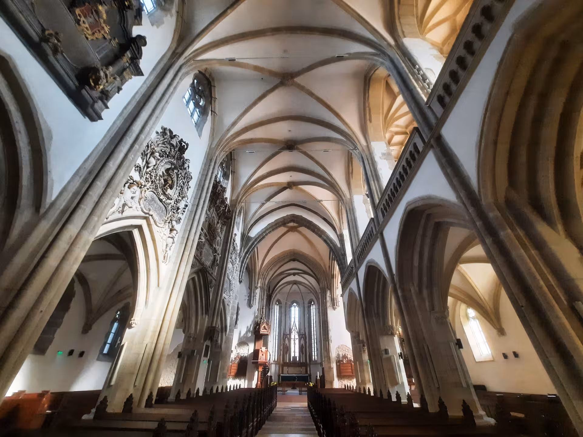 Gothic vaulted ceiling interior of a historic castle church in Sibiu, Romania