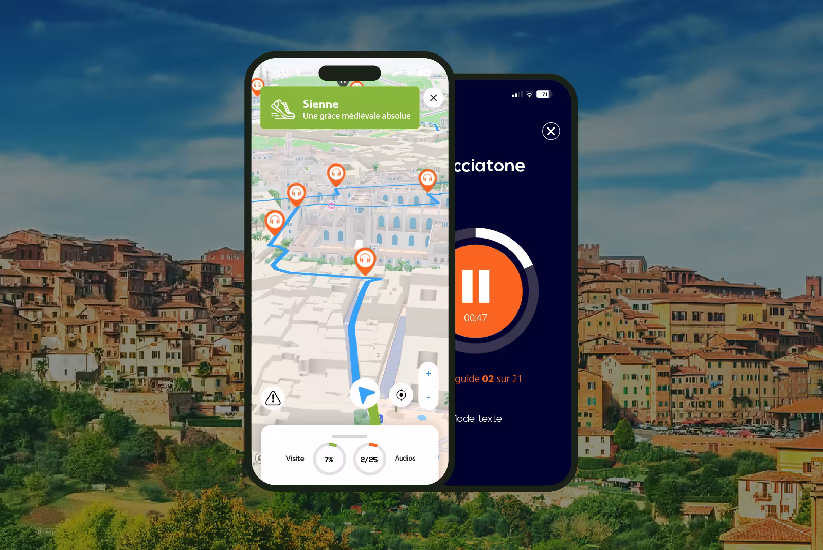 Siena audioguide mobile application interface on smartphone with panoramic views of the city.