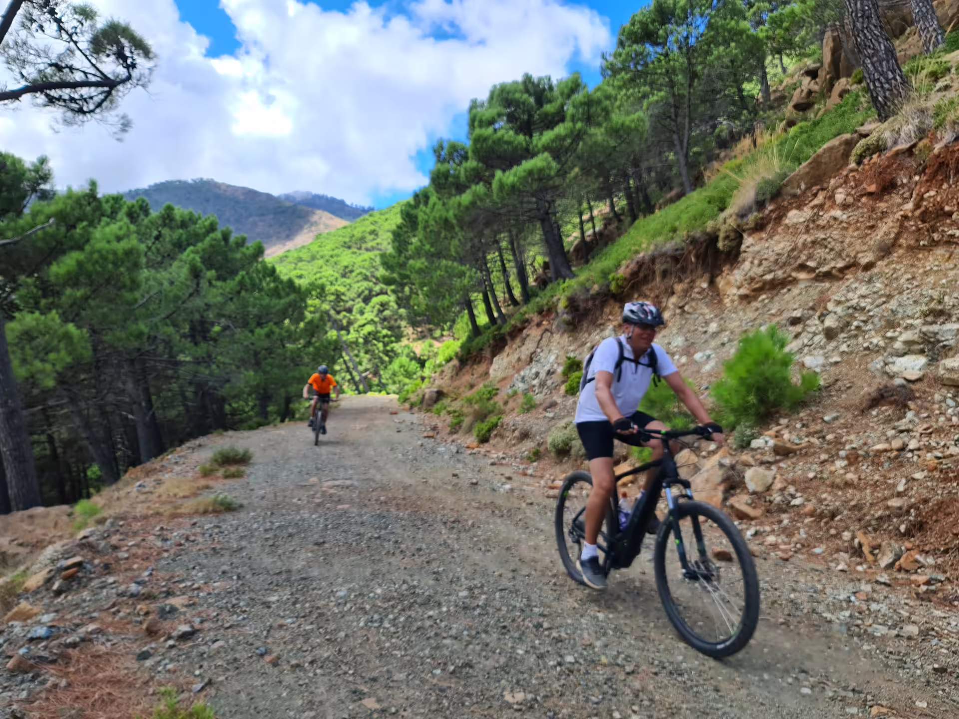 Two cyclists riding e-bikes on a scenic gravel trail through pine forests of Sierra Bermeja near Estepona Spain