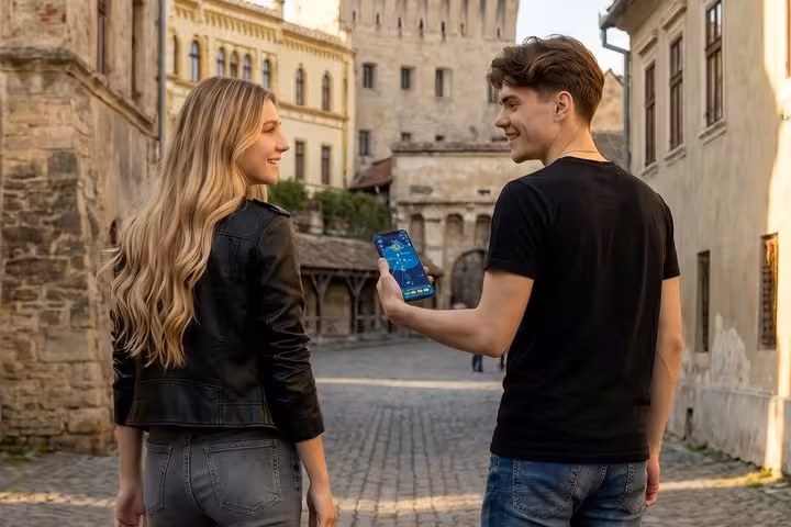 Couple exploring Sighisoara Saxon Citadel streets using a scavenger hunt game on smartphone