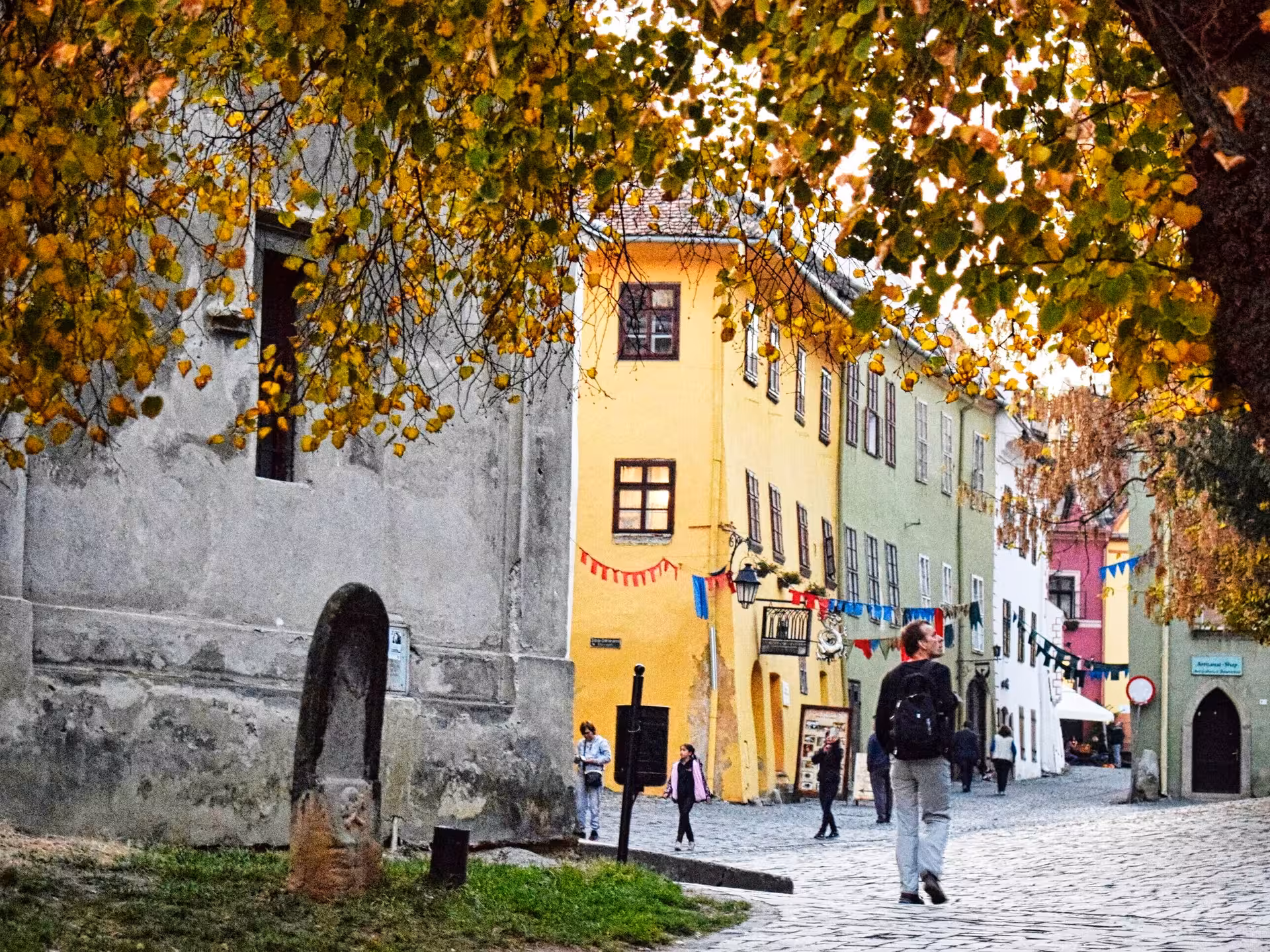 Cobblestone street in Sighisoara old town with colorful medieval buildings and autumn trees