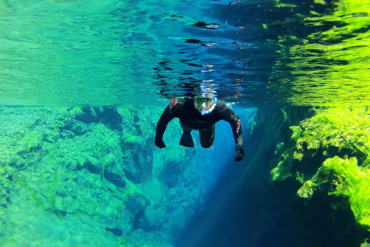 Snorkeler exploring the crystal-clear waters of Silfra fissure in Iceland, surrounded by vibrant underwater rock formations.