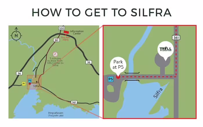 Map showing how to get to Silfra snorkeling site in Thingvellir, with parking at P5 marked