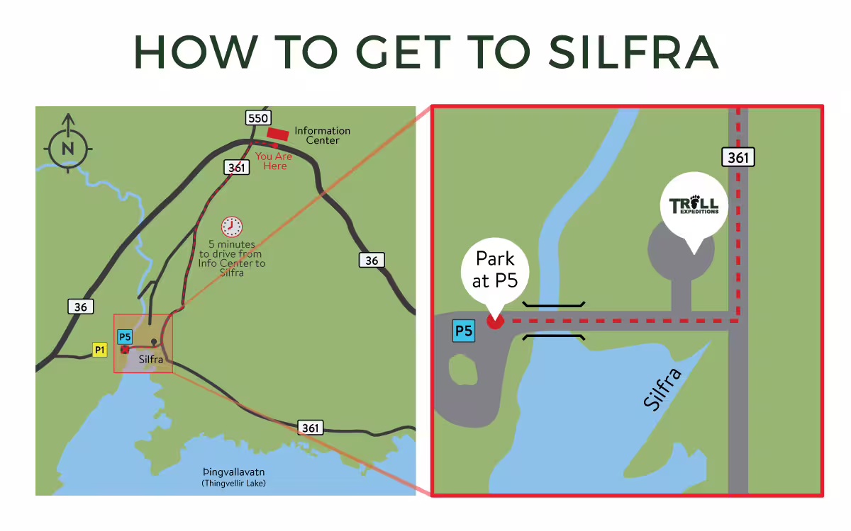 Map showing how to get to Silfra snorkeling site in Thingvellir Iceland, with parking at P5