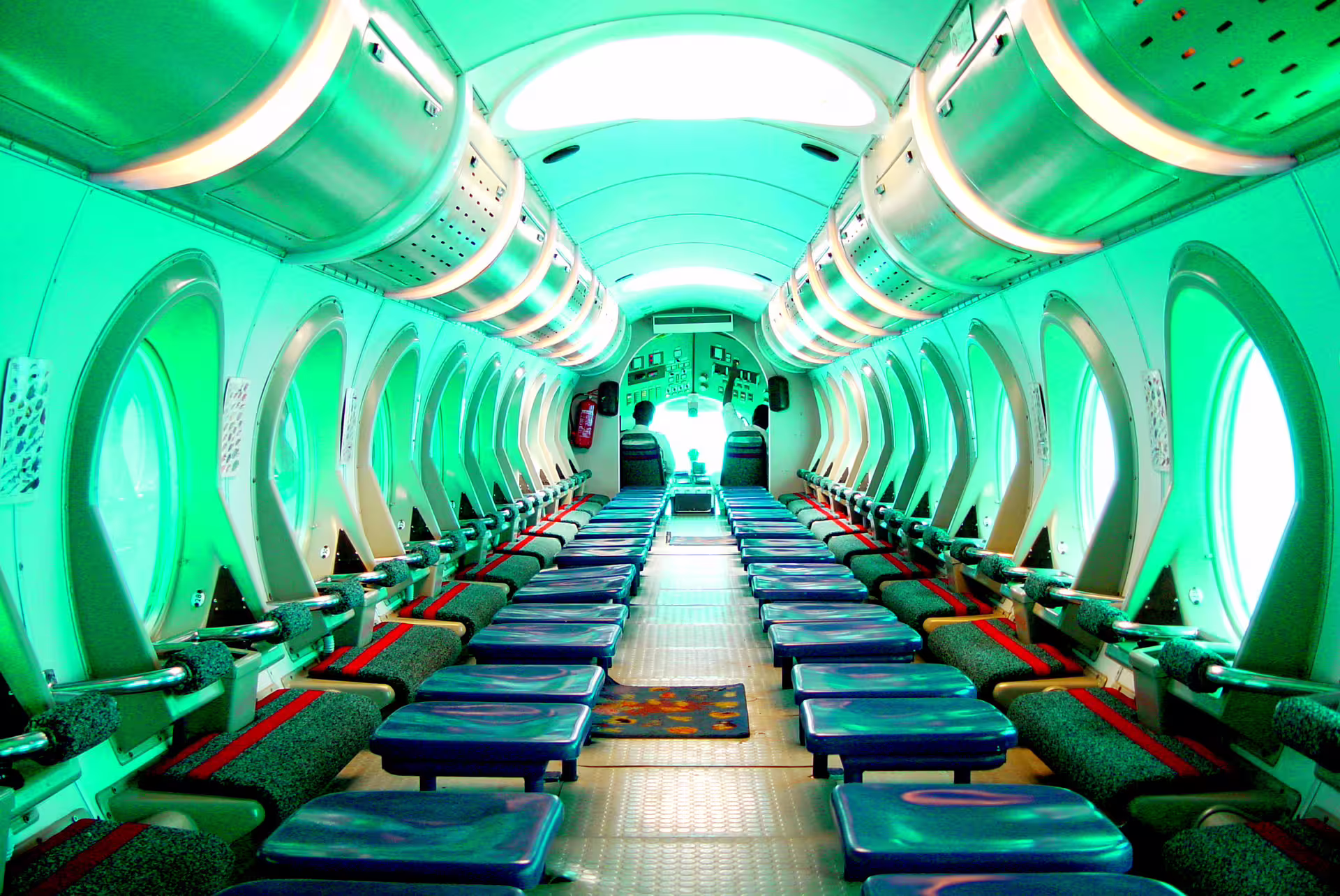 Sindbad submarine cabin with panoramic underwater windows and seats for Red Sea coral reef viewing in Hurghada