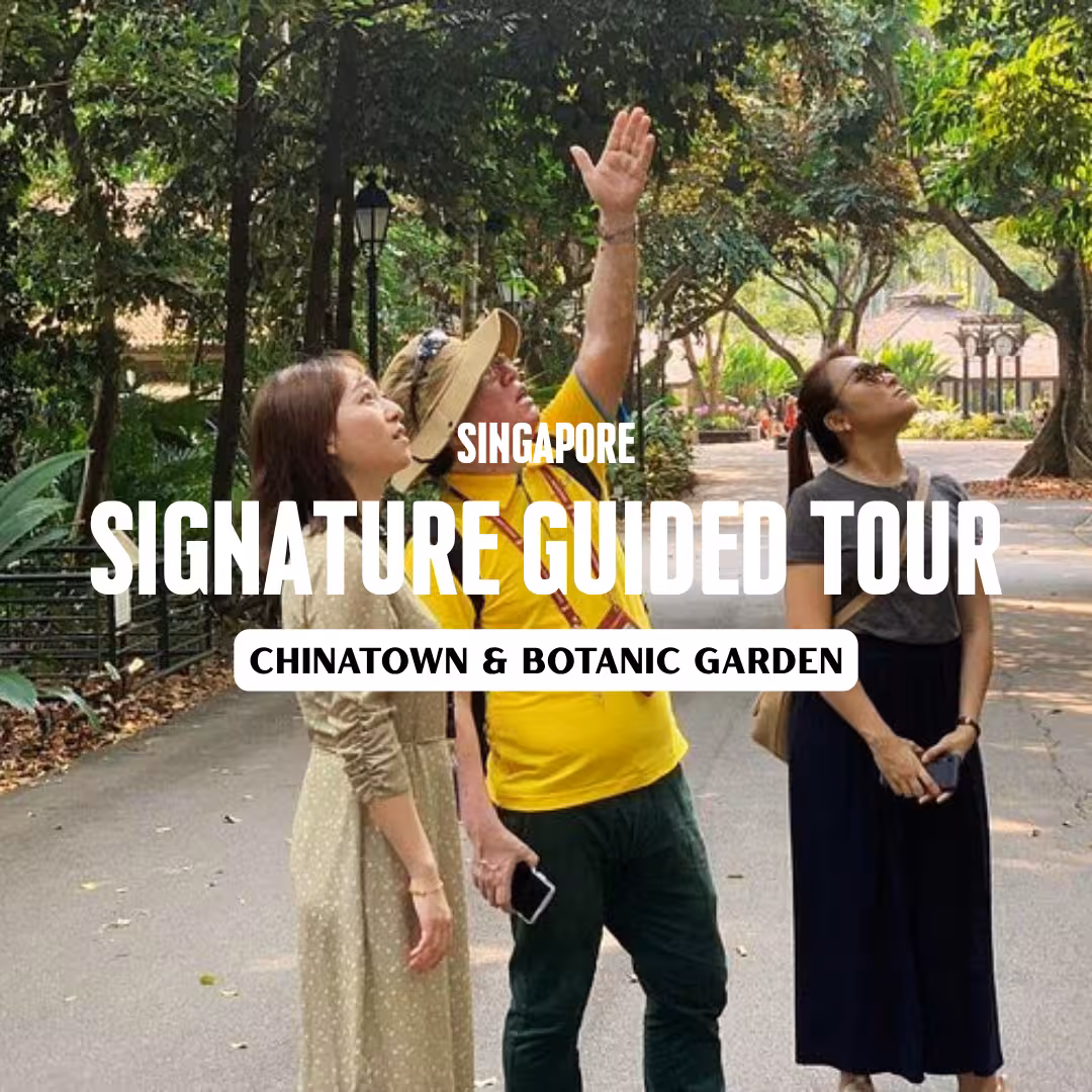 Tour guide leading visitors through Singapore's Chinatown and Botanic Garden on a signature guided tour.