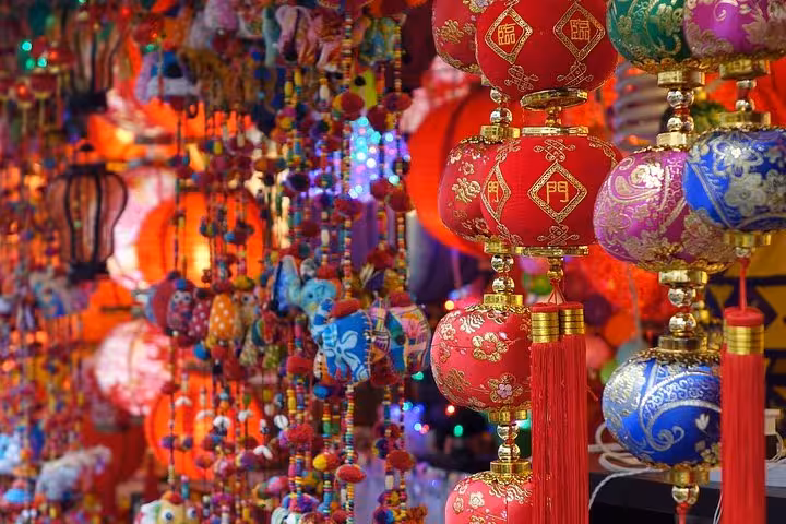 Vibrant colorful Chinese lanterns and decorations at Singapore Chinatown on a private guided city tour