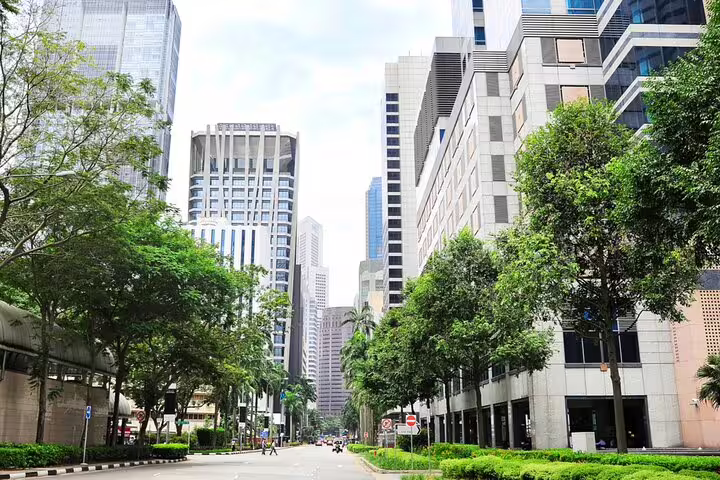 Tree-lined street in Singapore's CBD with modern skyscrapers and lush greenery on a sunny day