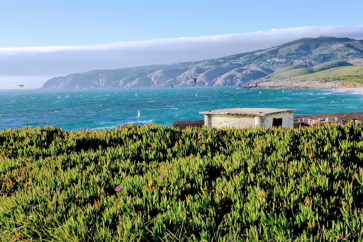 Scenic coastal view from Sintra tour showcasing lush greenery, vibrant ocean, and majestic cliffs under a clear blue sky.