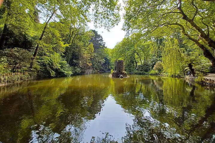 Serene lake in Sintra park with lush green trees and reflections, scenic nature stop on tuk tuk tour