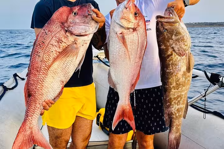 Local fishermen proudly holding large red snapper and grouper caught on a Siracusa guided fishing tour