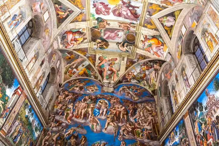 Vivid frescoes of the Last Judgment and biblical scenes on the Sistine Chapel ceiling visited on a Rome VIP Vatican tour